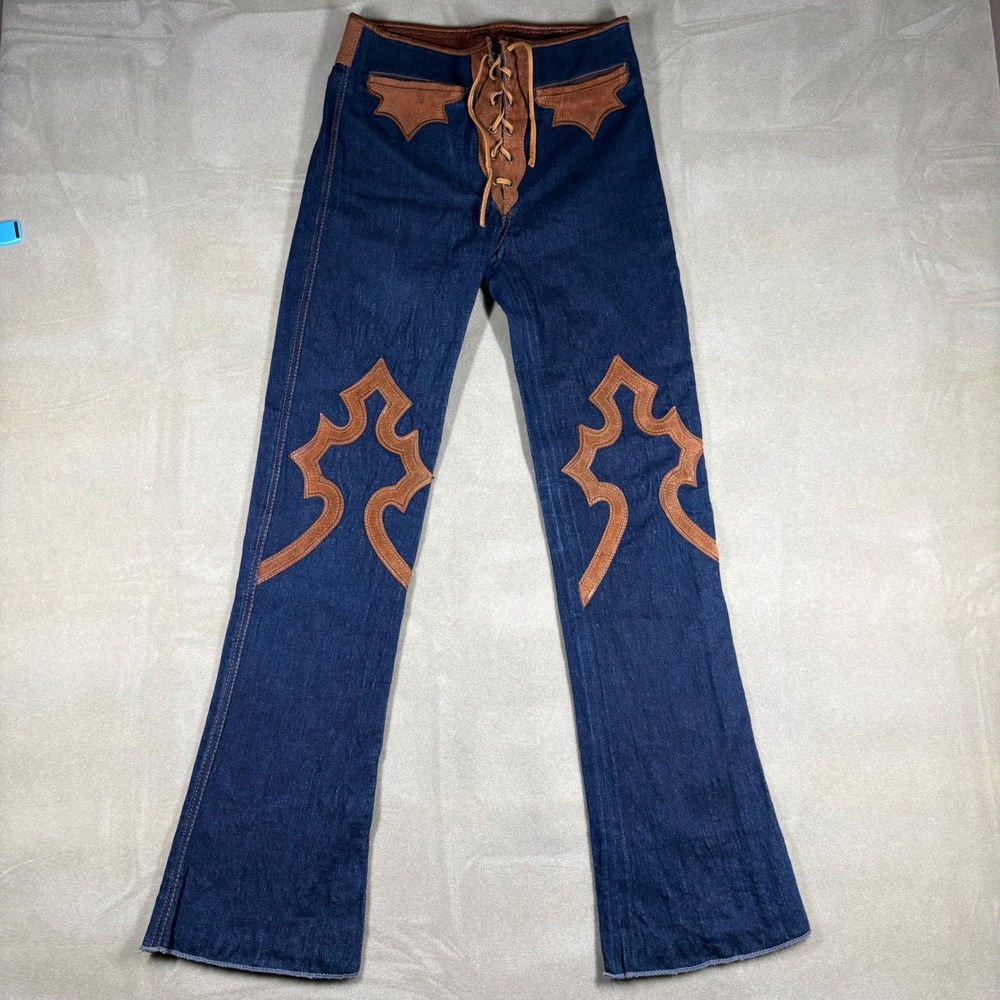 Vintage Royal Flesh Custom Leather Denim Lace Up Flare Jeans 80s 90s Western M